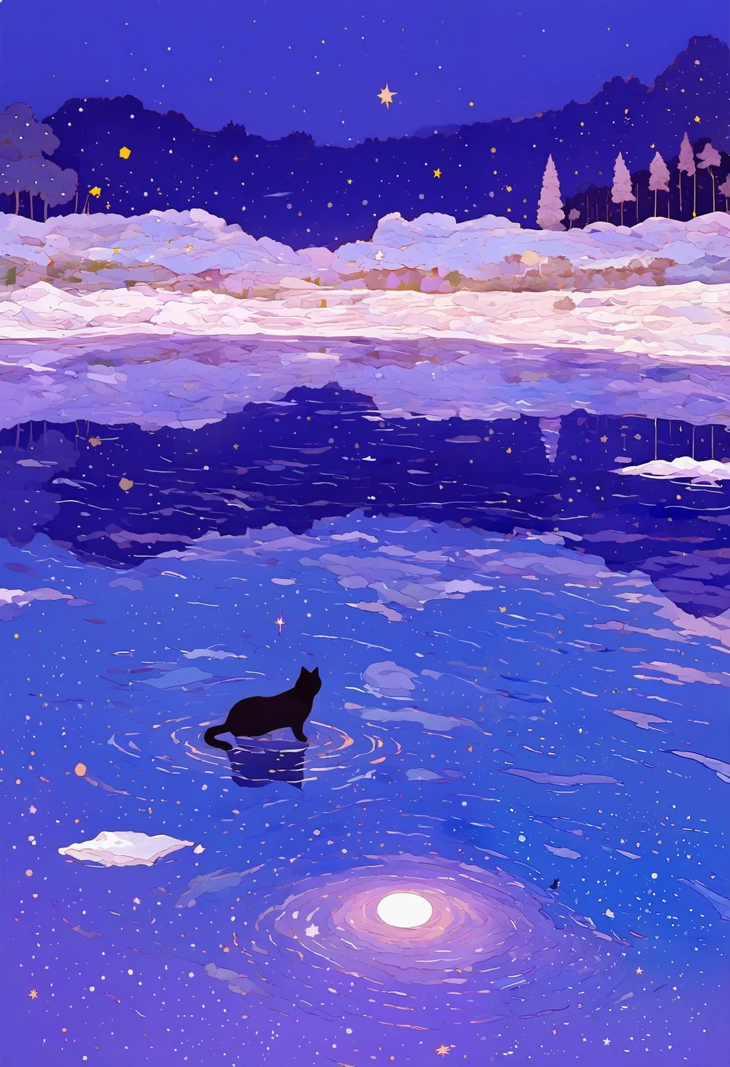 <lora:MF9fMTFYeA==-noobaiXLNAIXL_epsilonPred_V110_V1-CAME>, MF9f, star \(sky\), sky, no humans, moon, snow, starry sky, cat, outdoors, black cat, night, scenery, tree, reflection, night sky, full moon, reflective water, lake, nature, cloud, star \(symbol\), water, space, forest, landscape