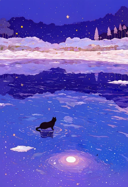 <lora:MF9fMTFYeA==-noobaiXLNAIXL_epsilonPred_V110_V1-CAME>, MF9f, star \(sky\), sky, no humans, moon, snow, starry sky, cat, outdoors, black cat, night, scenery, tree, reflection, night sky, full moon, reflective water, lake, nature, cloud, star \(symbol\), water, space, forest, landscape