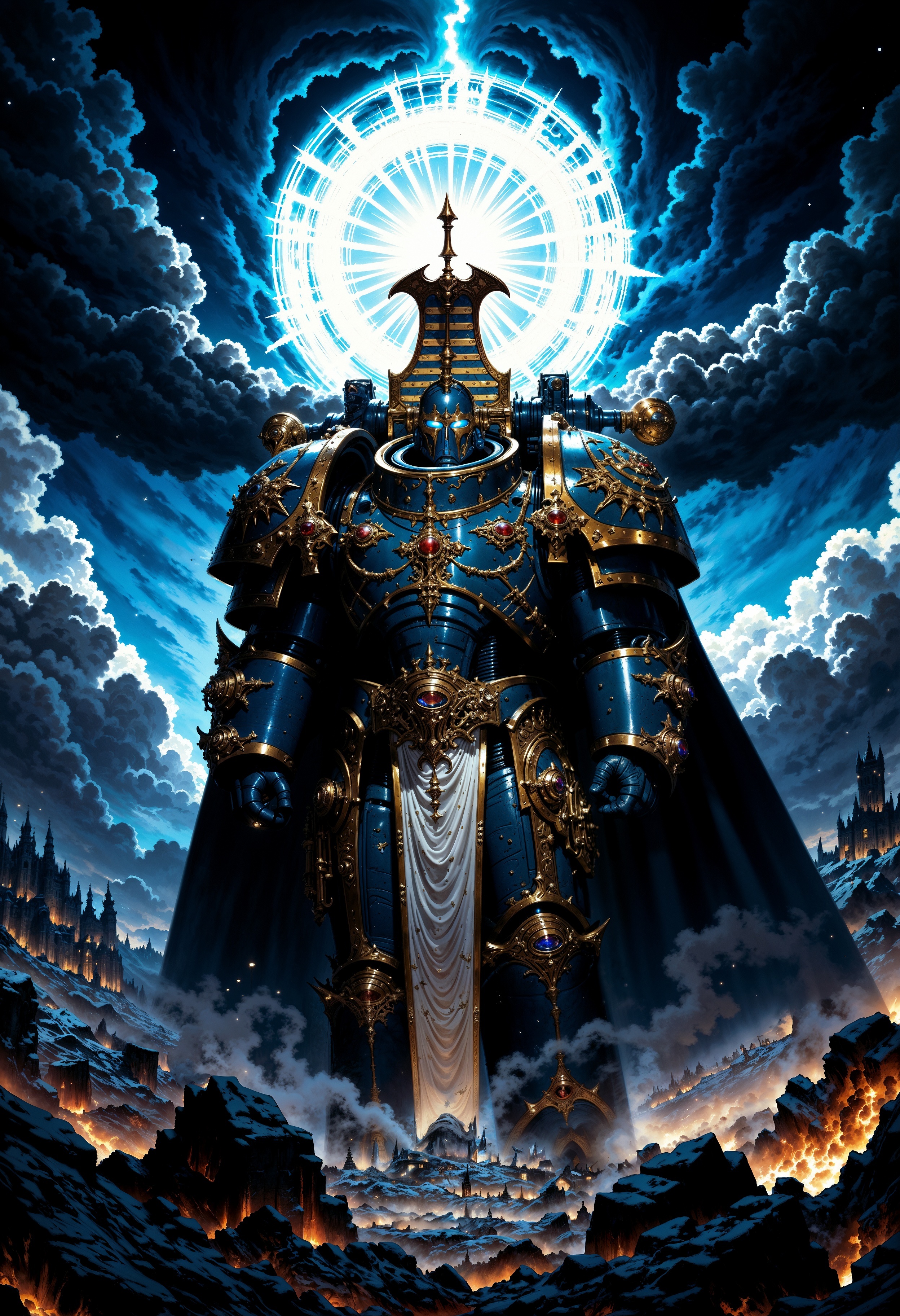 Highly detailed and dramatic digital artwork featuring a ThouS40k, armored figure standing against a dramatic backdrop of a fiery, glowing sun. The figure is clad in intricately detailed blue-gold power armor, exuding a sense of power and mystery. A long, flowing cape billows behind, blending with the swirling blue flames and smoke. The sun, positioned directly behind the figure, casts an intense, blue light with an eye in the middle, creating a halo effect. The sky is filled with dark, ominous clouds, enhancing the dramatic and otherworldly atmosphere. The ground is rocky and charred, suggesting a volcanic or apocalyptic setting. The overall composition is centered, with the figure dominating the foreground, while the vibrant, fiery sun provides a striking contrast to the dark tones of the armor and landscape. <lora:FluxThouS40k:0.9> <lora:FluxMythP0rtr4itStyle:0.6> <lora:flux.1_lora_flyway_Epic-Characters_v1:0.6> <lora:Elden_Ring_-_Yoshitaka_Amano:0.33>