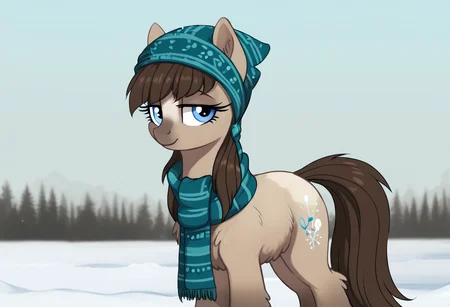 score_9, score_8_up, score_7_up, score_6_up, score_5_up, score_4_up, rating_safe, earth pony, pony, solo, clothes, fluffy, oc, scarf, oc only, lidded eyes, headscarf, yakutian horse, snow mare, detailed, beautiful, detailed background, <lora:Wholesome-MLP-v1.3b:1>, <lora:Snow_Ponies-000008:1>