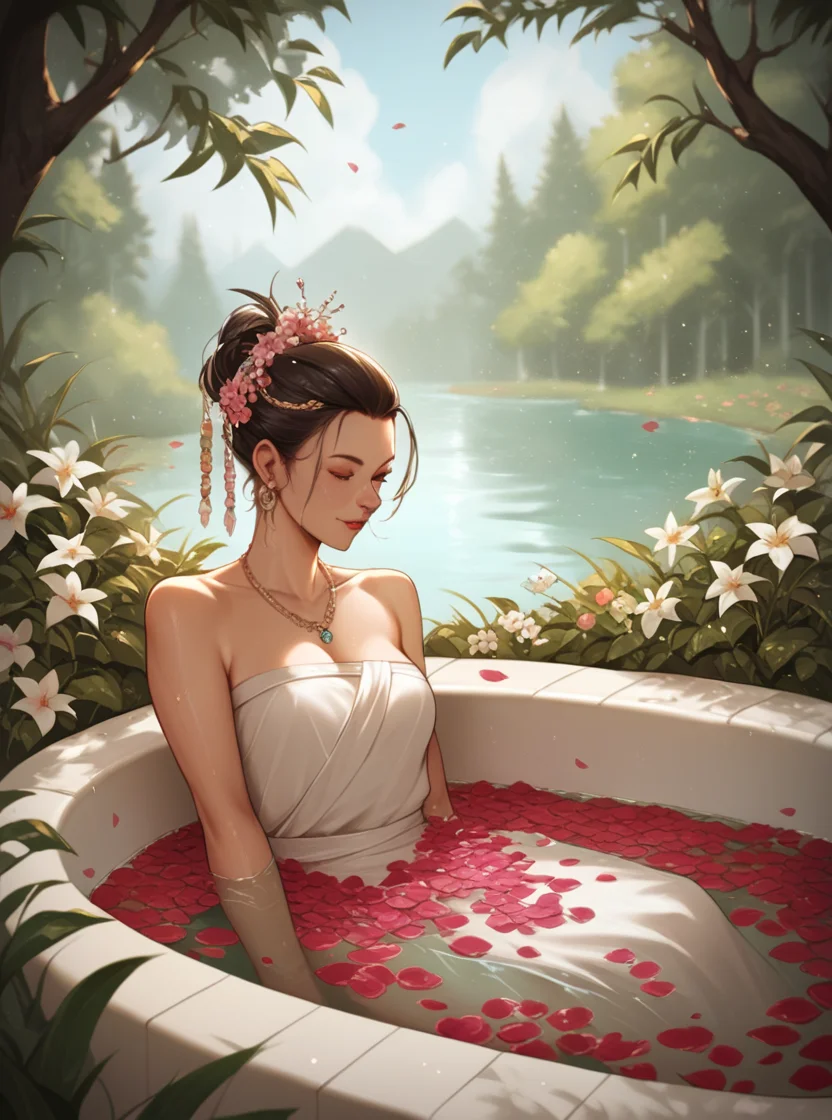 score_9, score_8_up, score_7_up, score_6_up, score_5_up, score_4_up, source_anime, 1girl, solo, Faux Hawk Updo with Hair Rings, hair ornament, hud_sp_bth, flower, petals, water, bath, <lora:hud_sp_bth_XLP:0.7>, scenery