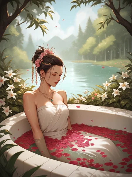 score_9, score_8_up, score_7_up, score_6_up, score_5_up, score_4_up, source_anime, 1girl, solo, Faux Hawk Updo with Hair Rings, hair ornament, hud_sp_bth, flower, petals, water, bath, <lora:hud_sp_bth_XLP:0.7>, scenery