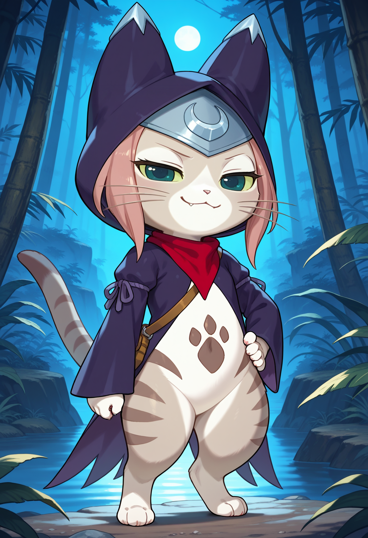 [Tsukino IL showcase::0] masterpiece, best quality, Tsukino \(Monster Hunter Stories\), female furry, felyne, brown fur, two tone fur, pink hair, green eyes, colored sclera, cat tail, pawprint marking, whiskers, digitigrade, purple robe, animal hood, red neckerchief, forehead protector, satchel, bottomless, on model,
Standing, hand on own hip, smug, half-closed eyes, looking at viewer,
detailed background, jungle, (moonlight:1.2), dark, blue night, outside, backlighting,
<lora:TsukinoIL_v2:1.0>