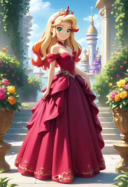 score_9, score_8_up, score_7_up, score_6_up, source_cartoon, rating_safe, My Little Pony Equestria Girls, very young little human girl Applejack wearing a fit green|brown|darkpurple|wine|red gradients colors short princess dress, elegant detailed princess shoes, solo, 1girl, little princess girl, gradient golden blond hair with crown hairband, smile, childhood, looking at viewer, glow detailed eyes, garden of canterlot, tul, chiffon, laces, semi realistic cartoon, unreal engine 5,  full body close-up, absurdres, digital art, soft light, perfect hands, perfect, hands, perfection, soft orange skin, green eyes, apples accesories and shoes, jewelery, tres chic,<lora:age_slider_v4:-4>,