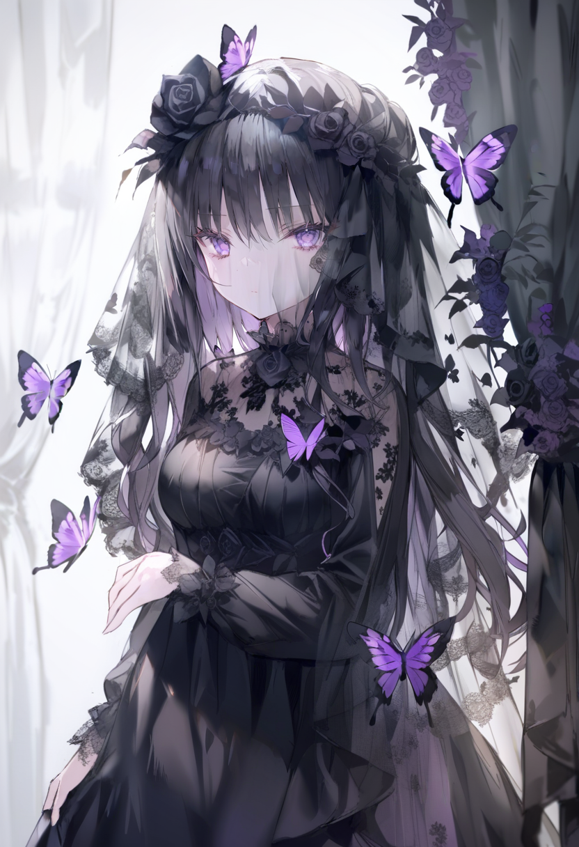 masterpiece, best quality, <lora:oninekoXL_ANI31_lokr_V43P1:0.95> 1girl, butterfly, bug, solo, veil, black flower, black rose, purple eyes, black hair, long hair, looking at viewer, upper body, flower, dress, black dress, purple butterfly, rose, closed mouth, hair ornament, hair flower, long sleeves, expressionless, white background, breasts, curtains