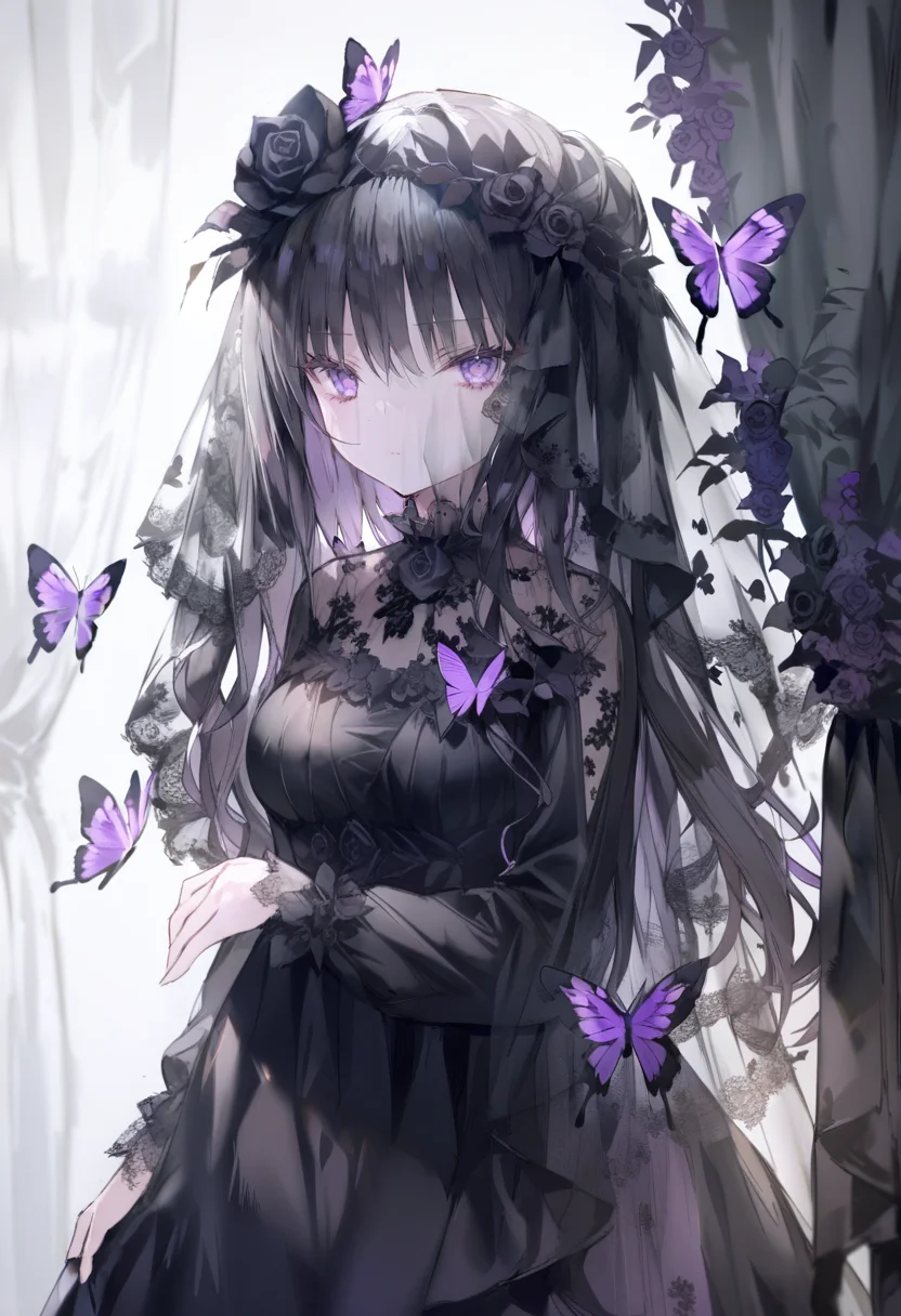 masterpiece, best quality, <lora:oninekoXL_ANI31_lokr_V43P1:0.95> 1girl, butterfly, bug, solo, veil, black flower, black rose, purple eyes, black hair, long hair, looking at viewer, upper body, flower, dress, black dress, purple butterfly, rose, closed mouth, hair ornament, hair flower, long sleeves, expressionless, white background, breasts, curtains