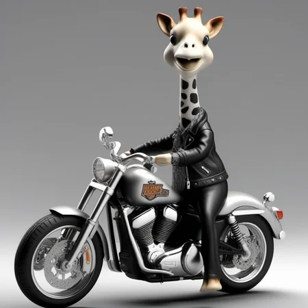professional 3d model an anthropomorphic giraffe animal wears sunglasses and a black leather jacket, rides harley davidson <lora:Sophie1024:0.8> . octane render, highly detailed, volumetric, dramatic lighting