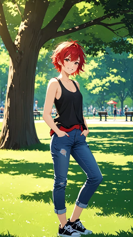 masterpiece, best quality,
1girl,
red hair, short hair, messy hair, tomboy,
smile,
tank top,
jeans, shorts,
outdoor, park,grass, tree,
