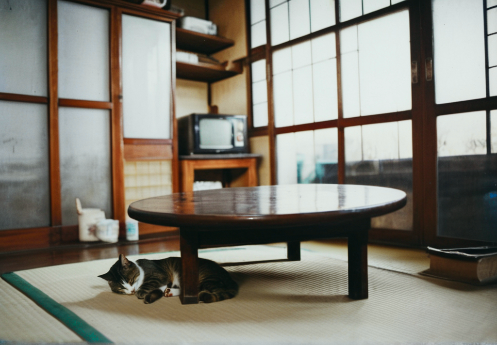 raw photo,(old photograph:1.1),indoors,perspective,film grain,
A room in a Japanese Showa-era apartment, a round low table, a cat sleeping on a tatami mat,shelf,sunset,shadow
,blurry background,japan oldstyle house,showa,<lora:Showa_Atmosphere:0.7>