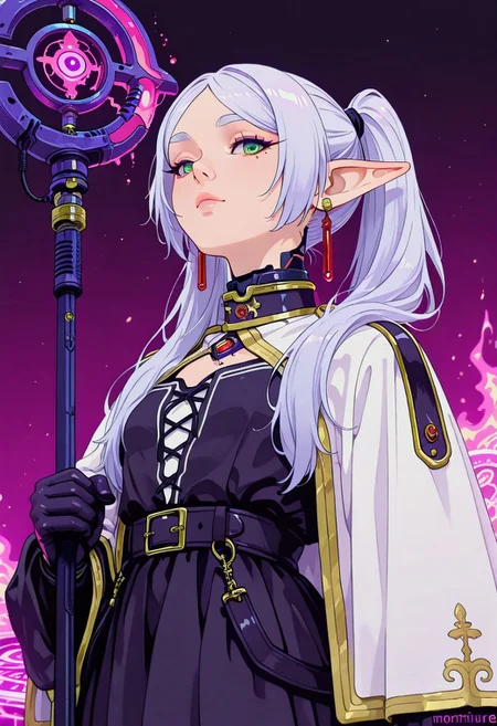 <lora:ck-shadow-circuit-IL:0.78>, Frieren, casting red magic, glowing purple magic circle, staff
masterpiece, best quality, good quality, very aesthetic, absurdres, newest, 8K, depth of field, focused subject,
 close up, stylized, wabi sabi, 1girl,  looking at viewer, dynamic angle, from below, from side, relaxing
<lora:MoriiMee_Gothic_Niji_Style_Illustrious_r1:0.45>
<lora:ck-nc-cyberpunk-IL-000011:0.4>
<lora:ck-neon-retrowave-IL:0.8> , in the style of cksc, in the style of cknc, artist:moriimee, in the style of ck-rw