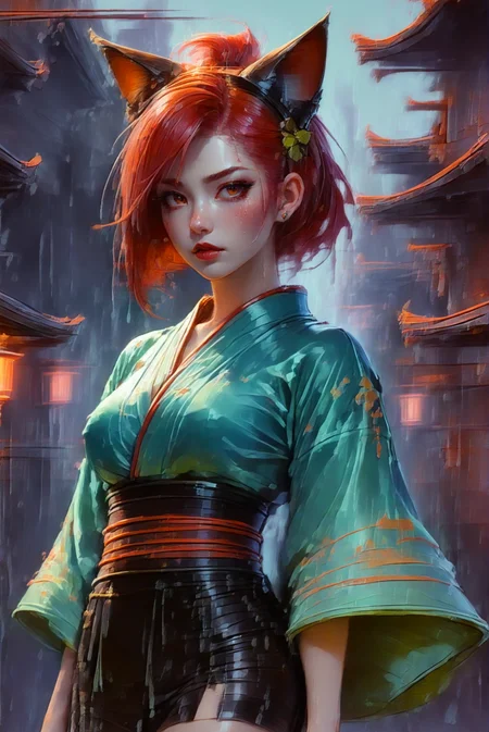 digital painting, 1girl, woman, cat ears cyberpunk spy lord, fishnets, kimono, bombshell hair, radiant color:paleturquoise and red hair, Pompadour, hourglass figure, (asian:1.3), <lora:EnvyDarkImpressionismXL01:2> ghostly fantasy settlement in a Mudflat