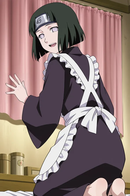 anime screencap, anime coloring, detailed face, masterpiece, best quality, very aesthetic, absurdres, bokeh, volumetric lighting, official style, amazing quality, ultra detailed,  highres, amazing quality, scenery, beautiful detailed hair, beautiful detailed eyes, defined fingers, five fingers,
indoors, curtains,
 <lora:Natsu_Hyuga_Naruto:1>Natsu Hyuga (character), 1girl, solo, black hair, bob cut, short hair, no pupils, apron, japanese clothes, konohagakure symbol, maid, maid apron, kimono, white apron, forehead protector, looking back at the viewer, cowboy shot open mouth, :D, from behind, barefoot, kneeling