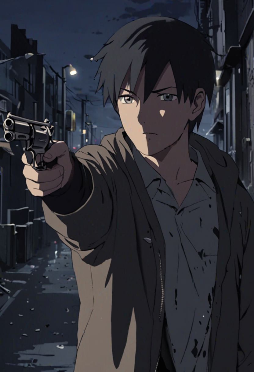 Highres, Masterpiece, High Quality, 4K, 8K, solo, 1Boy, Takaki Toono, adult, black hair, short hair, potrait, midnight, quiet street, big city, dim street lights, scattered trash, dirty, cold, tense, mysterious, sharp eyes, merciless, threatening, pointing a gun, revolver, weapon, pointing at the viewer, threatening, easynegative, detailed_eye_model