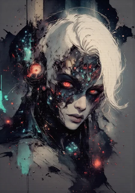 score_9, score_8_up, score_7_up, ultra detail, masterpiece, best quality, amazing quality, aidmainkstyle, Anime art, aidmamj6.1, bo-chromatic, anime, half-human half-cybernetic character, intense red glowing eye, corrupted digital mask covering half face, pale white hair, futuristic and gothic clothing with glowing gems, scarred flesh blending into dark glitchy tech patterns, elegant yet intimidating expression, cyber-fantasy setting, dark sci-fi aesthetic, detailed digital painting, high contrast lighting, anime style
