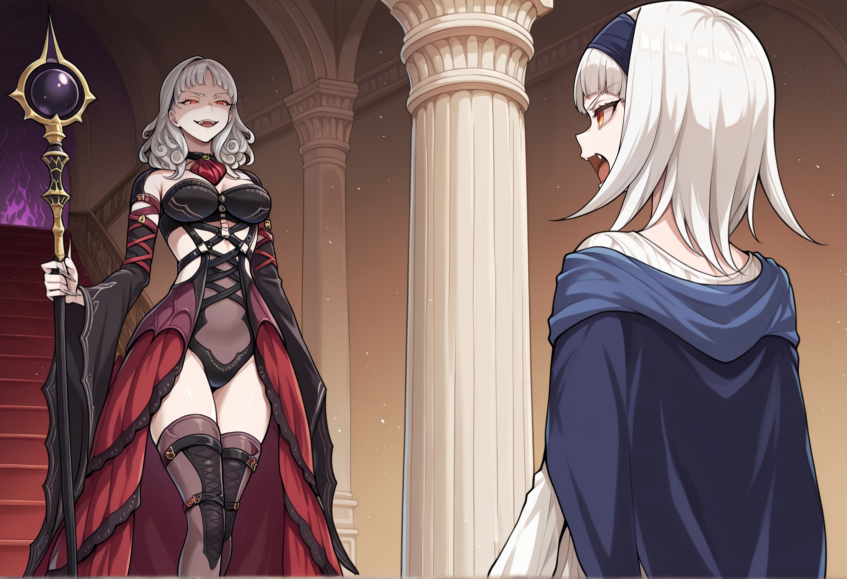 1girl, stairs, on stairs, long hair, grey hair, curly hair, yellow eyes, ascot, detached sleeves, (hair ornament), harness, showgirl skirt, thighhighs, Sharp fingernails, holding staff, evil smile, standing, indoors, gothic, medium breasts, mature female <lora:Carmilla_Illus:1> from below
BREAK
indoors, gothic, pillar 
BREAK
1girl, medium hair, white hair, red eyes, hairband, jewelry, white shirt, blue cape, skirt, standing, indoors, gothic castle, serious, clenched hand, thigh boots, from behind, from side, open mouth, fang, dynamic pose, arm up <lora:Sierra_Illus:1>, masterpiece, best quality, amazing quality, very aesthetic, absurdres, highres, newest