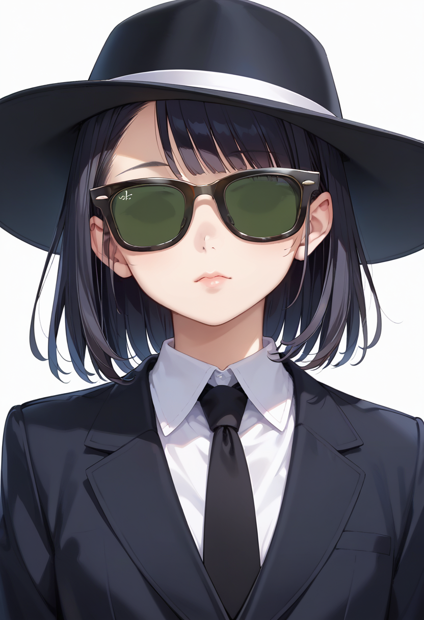 score_9, score_8_up, score_7_up, rating_safe, masterpiece, best quality, absurdres, unity 8k wallpaper, official art, official style, source_anime, uncensored, game cg, megami magazine,
1girl, solo, black hair, medium hair, upper body, covered eyes,sunglasses, formal, suit, black suit, necktie, black necktie, black fedora, black hat,
sg_WAYFARER, sunglasses, covered eyes, white background, simple background, darkgreen tinted eyewear, black-framed eyewear, 
 <lora:glasses_wayfarer_PONY_V1:1>