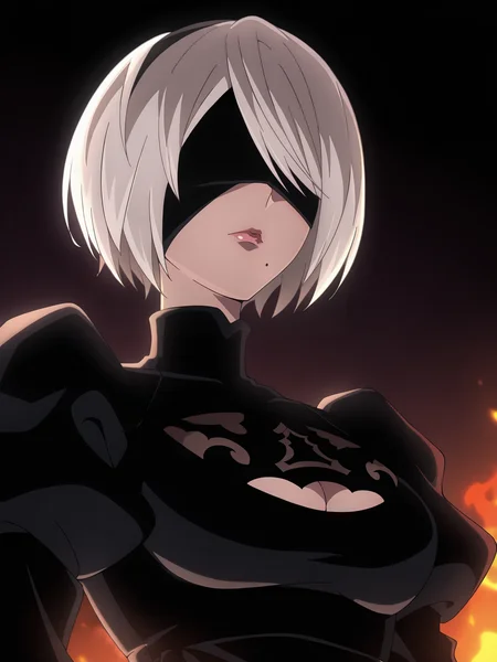 <lora:2B_v6:0.7>, 2b (nier:automata), 1girl, solo, white hair, short hair, mole under mouth, lips, juliet sleeves, black hairband, cleavage cutout, black blindfold, black dress, closed mouth, upper body, gradient background, dark background, from below, looking down, underlighting, fire light