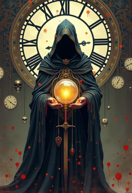 high quality, highly detailed, colorful, abstract, fantasy, fantasy background, The image is a realistic photo of a mysterious figure standing in front of a large clock. The figure is wearing a black hooded cloak with intricate patterns and designs on it. The cloak is draped over their shoulders and arms, and they are holding a large crystal ball in their right hand. The crystal ball is surrounded by various objects, including a skull, a sword, and a shield. The background is filled with intricate designs and patterns, and there are several large clocks hanging from the ceiling. The overall mood of the image is dark and mysterious., mad-cbrpnksplshrt, paint splashes, outrun<lora:FLUX\Enhancer\MysticFantasy.safetensors:0.8:0.8> <lora:FLUX\Enhancer\flux_vividizer.safetensors:0.8:0.8> <lora:FLUX\Style\Neon_Cyberpunk_Splash_Art_FLUX.safetensors:0.6:0.6>