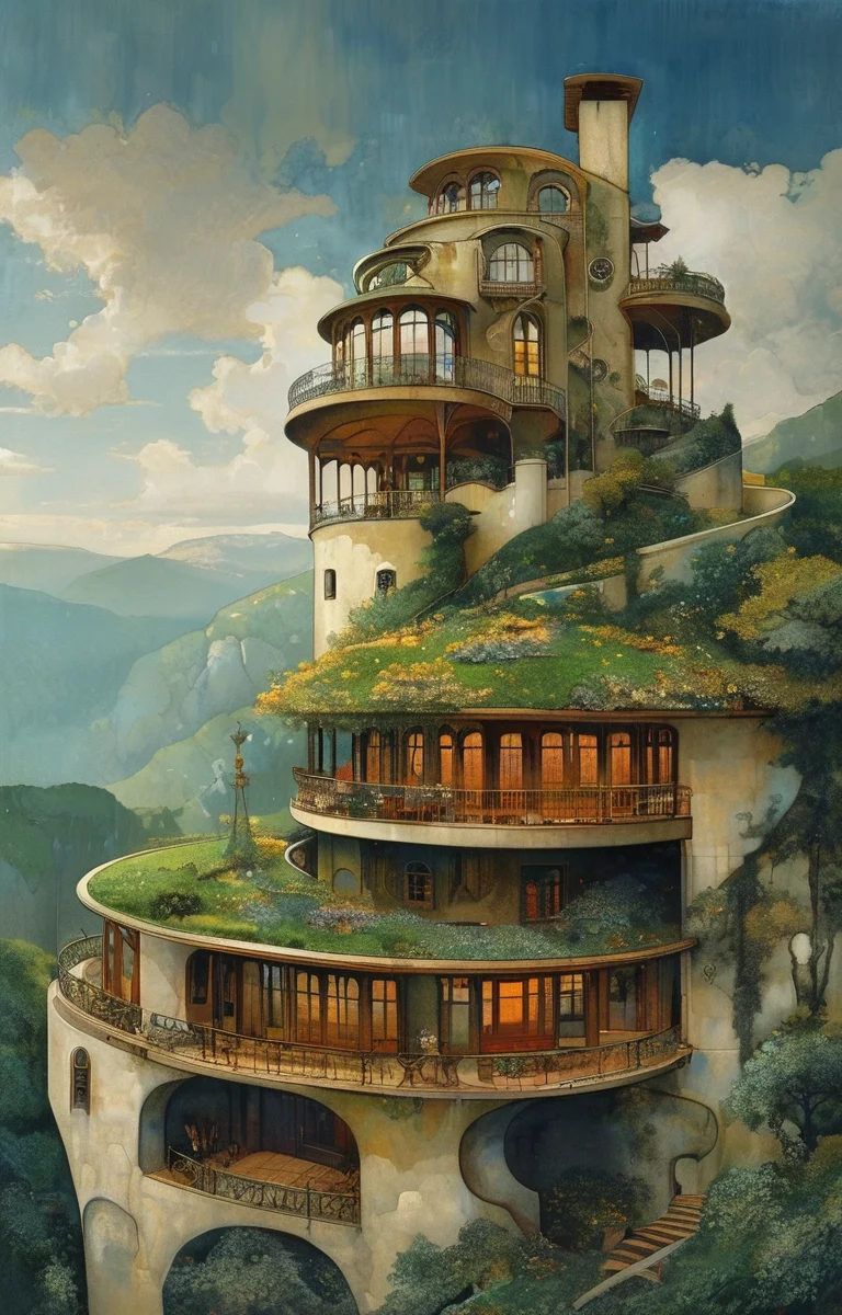 masterpiece,best quality,<lora:tbh309-sdxl:0.9>,illustration,designed by Victor Horta, Sustainable eco-village with green roofs and solar panels, nestled in a mountain valley