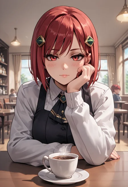 score_4,score_5,score_6,score_7_up,score_8_up,score_9 ((masterpiece,best quality,ultra detailed,highres,HD,4k:1.2)),
1girl, solo,solo focus,girl focus,face focus,
red hair,red eyes,short hair,hair ornament,large breasts,
indoor, cafe, sitting,((pov date, across table pov, across table)), Coffee on the table,hand, right_hand,right_hand touching face, left_hand, left_hand on table, left_hand placed horizontal, Expressionless,blush,