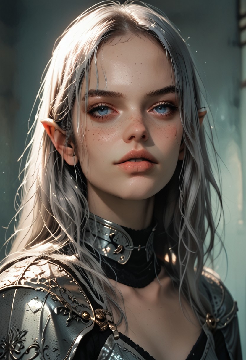 score_9, score_8_up, score_7_up, flat color, g4n1m3, comicbookpage style, high contrast, 
1girl, indoor, long hair, beautiful face, spanish, blue eyes, freckles, small breasts, braless, perfect legs, ((full body view)), elf with long ears, silver armor,