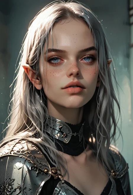 score_9, score_8_up, score_7_up, flat color, g4n1m3, comicbookpage style, high contrast, 
1girl, indoor, long hair, beautiful face, spanish, blue eyes, freckles, small breasts, braless, perfect legs, ((full body view)), elf with long ears, silver armor,