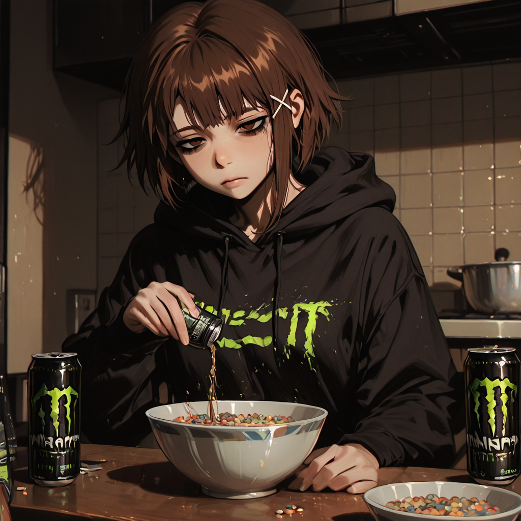 txt2img: newest, 2023, 2024, high detailed, subtle, high contrast, detailed background, color depth, chiaroscuro, impasto, smooth shading, glossy surfaces, shiny skin, intricate details, masterful shading, detailed background,modern, modern anime, anime,This is an anime screencap from Danganronpa 3. , nantoka_aida , <lora:Face_Enhancer_Illustrious:0.4>  ,  <lora:cryostyle:0.8>, cryos2 , <lora:Tsumugi_Shirogane_Illustrious:0.1>, froot_loops, serial_experiments_lain, iwakura_lain, 1girl, bags_under_eyes, black_hoodie, bowl, brown_eyes, brown_hair, cereal, cereal_box, kitchen, kitchen_table, hair_ornament, hood, hood_down, hoodie, monster_energy, pouring, pun, single_sidelock, solo, x_hair_ornament