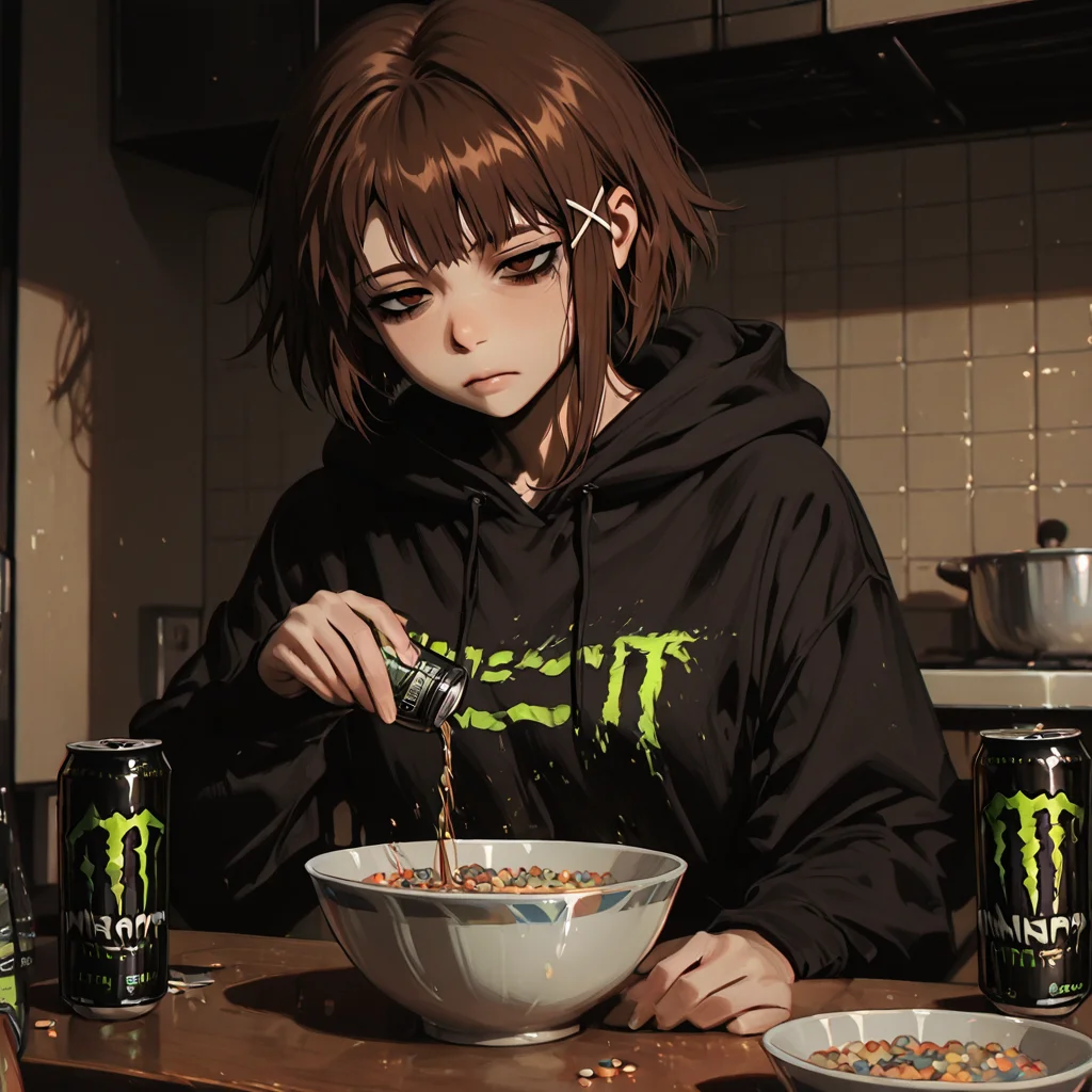txt2img: newest, 2023, 2024, high detailed, subtle, high contrast, detailed background, color depth, chiaroscuro, impasto, smooth shading, glossy surfaces, shiny skin, intricate details, masterful shading, detailed background,modern, modern anime, anime,This is an anime screencap from Danganronpa 3. , nantoka_aida , <lora:Face_Enhancer_Illustrious:0.4> , <lora:cryostyle:0.8>, cryos2 , <lora:Tsumugi_Shirogane_Illustrious:0.1>, froot_loops, serial_experiments_lain, iwakura_lain, 1girl, bags_under_eyes, black_hoodie, bowl, brown_eyes, brown_hair, cereal, cereal_box, kitchen, kitchen_table, hair_ornament, hood, hood_down, hoodie, monster_energy, pouring, pun, single_sidelock, solo, x_hair_ornament