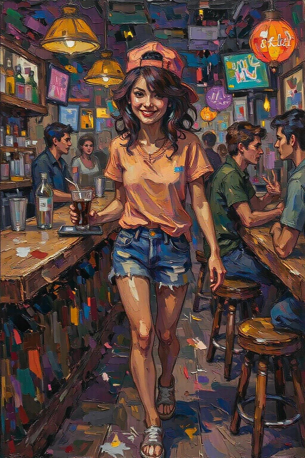 impasto oil painting.
The air buzzes with the energy of a busy bar, a mix of music, conversation, and the clinking of glasses. A barmaid, the embodiment of youthful vibrancy, navigates the lively scene. She wears a peach-coloured T-shirt, the soft fabric contrasting with the smooth, cold glass of coke she carries on a small tablet. Her short skirt adds a playful touch, and a backwards baseball cap hints at a carefree attitude. The setting and atmosphere are palpable: the warm, slightly sticky surface of the bar counter under her fingertips, the dim, colourful lighting that casts playful shadows. Sensory details are abundant: the condensation forming on the glass of coke, the texture of her denim skirt, and the way the bar lights catch the highlights in her hair. Her confident stride, her quick smile, and her efficient movements. Stylistically, the image draws inspiration from the vibrant, candid shots of nightlife photographers, with a touch of the stylized realism found in contemporary illustration. There's a deliberate contrast between the barmaid's youthful energy and the slightly worn, lived-in atmosphere of the bar, creating a dynamic and engaging image. <lora:Flux-Sch-SingleBlocks-BF16:1.0> <lora:impasto6_cap_d6a3e11:1.0><lora:804333811593664719:0>