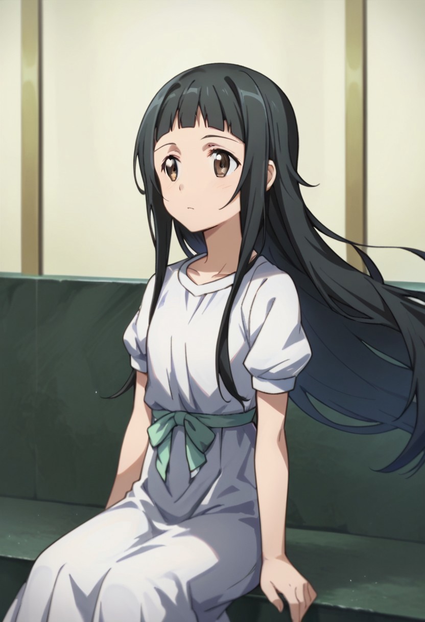 score_9, score_8_up, score_7_up, source_anime, yui (sao), short sleeves, white dress, :d, floating hair, sidelocks, shirt, upper body, standing, white shirt, sitting