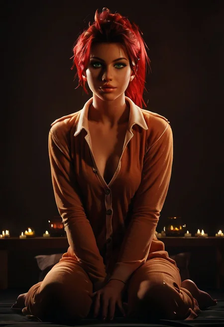 score_9, score_8_up, score_8, 
JanePorterXLP, pajamas, moody lighting,
 1girl, sexy girl, solo,38 years old, hair in messy ponytail, green eyes, red hair, tan, eye contact, looking seductively at viewer, 
full color, candles in background