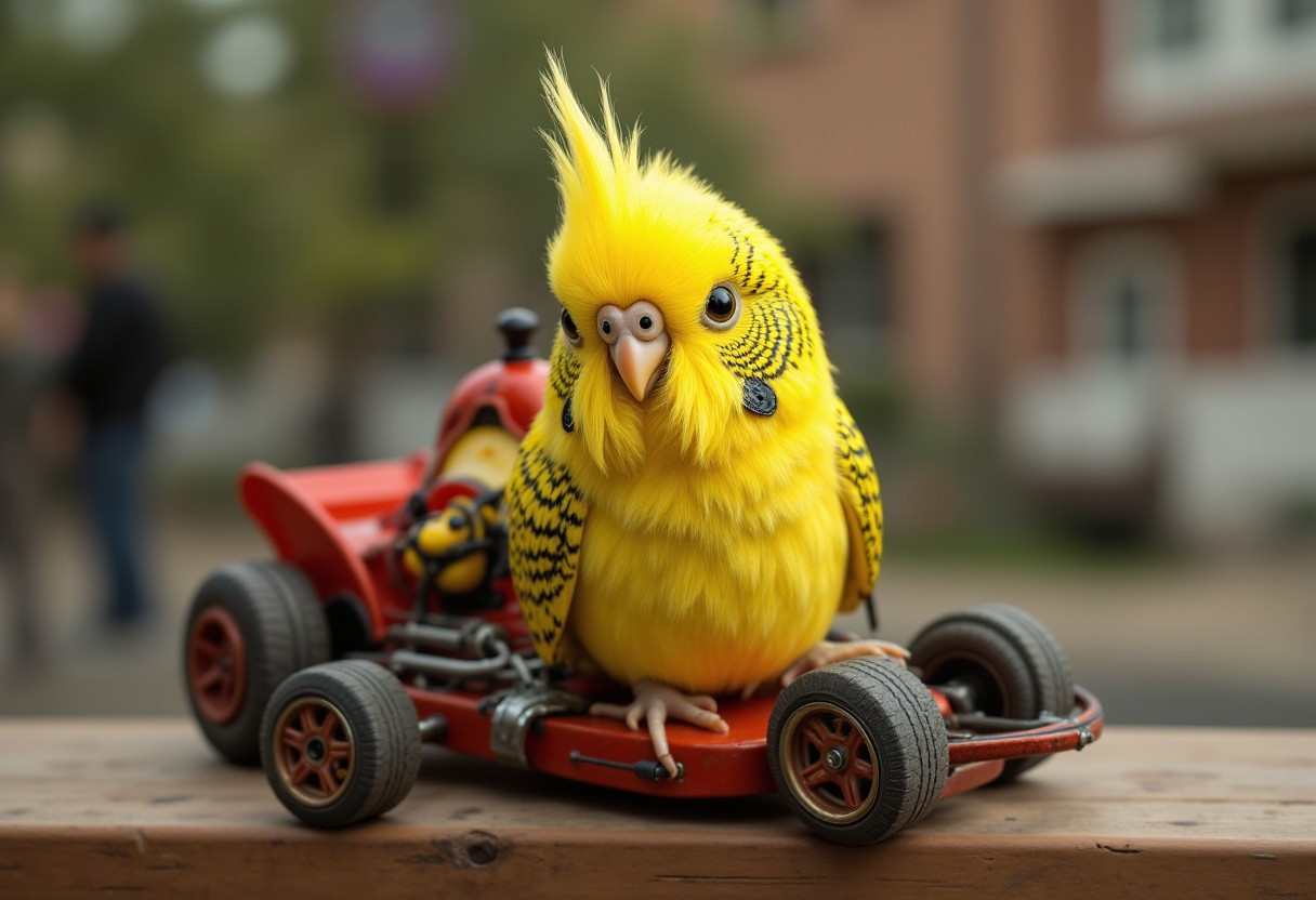 Cute charming Budgie with black pattern sitting in a racing car