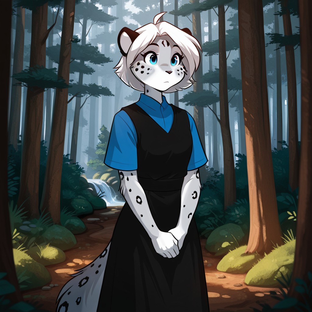 masterpiece, best quality, amazing quality, maevetkilv9, anthro, female, snow_leopard, blue eyes, grey fur, short hair,  white hair, ahoge, black pinafore dress, blue shirt, short sleeves,  facial mark, solo, 1girl, standing, in forest, own hands together, , <lora:c17db225-5afa-4368-9824-5c95f8a33e99:0.7>