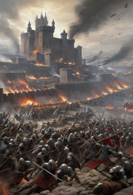 castle, Depict an intense and visceral fantasy battle scene from a close-up perspective of soldiers in combat. In the foreground, armored warriors clash with swords and shields, their faces etched with determination and grit. The ground is churned up with mud and fallen weapons, while banners of opposing factions wave defiantly in the background. The castle city stands in the distance, its imposing walls and towers partially obscured by the smoke of battle. Soldiers fight fiercely, their movements swift and powerful, creating a chaotic yet captivating tableau of warfare. The sounds of clashing metal and battle cries fill the air, adding to the sense of urgency and raw emotion in this epic confrontation