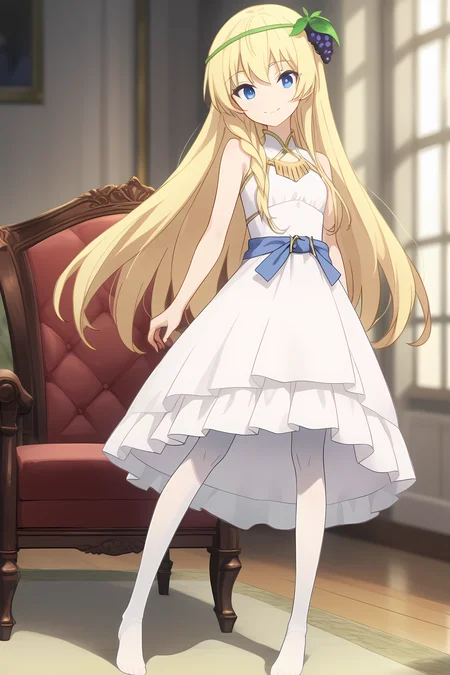 (long white dress blue belt white pantyhose:1.40), ks-iris, blonde hair, long hair, blue eyes, hair ornament, necklace, 1girl, solo, skinny, score_9, score_8_up, score_8, score_7_up, score_7, score_6_up, score_6, score_5_up, score_5, source_anime, (light smile:1.10), indoors, (full body:1.20), (:1.20), feet, <lora:ks-iris-V01-000003:0.90> small breasts