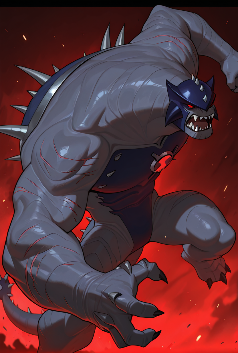 <lora:ulthum-09:1> ulthum, spikes, solo, no humans, red eyes, gray skin, light brownish red skin,, , 1boy, , dark blue helmet,, massive scars,  medieval faceplate, medieval helmet, , fangs, sharp teeth, massive spines, dynamic pose,, masterpiece, best quality, amazing quality, very aesthetic, absurdres, newest,
