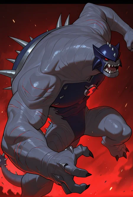 <lora:ulthum-09:1> ulthum, spikes, solo, no humans, red eyes, gray skin, light brownish red skin,, , 1boy, , dark blue helmet,, massive scars,  medieval faceplate, medieval helmet, , fangs, sharp teeth, massive spines, dynamic pose,, masterpiece, best quality, amazing quality, very aesthetic, absurdres, newest,