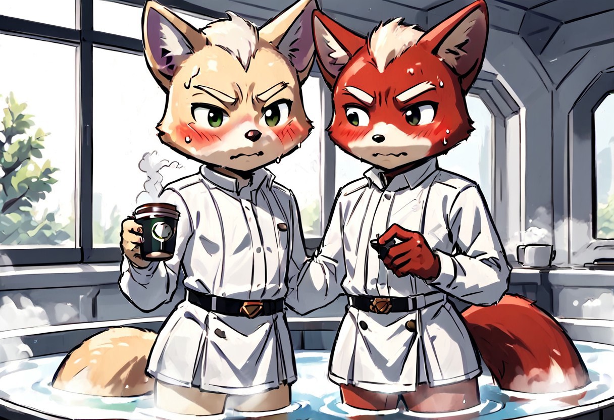 sketch,
  duo,
   cute Fox mcCloud,
   antro, poppy, marshall, white fur, red fur, pink fur, two colored fur, dress, sweater, bangs, blush,
 sweating, embarrassed, horny expression,
hot steam, coffee cup,  bath tub, bath towel,
dark atmosphere, hazy, window  light,