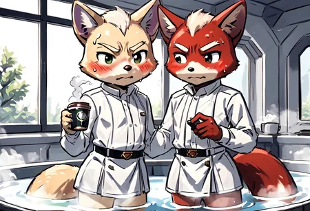 sketch,
  duo,
   cute Fox mcCloud,
   antro, poppy, marshall, white fur, red fur, pink fur, two colored fur, dress, sweater, bangs, blush,
 sweating, embarrassed, horny expression,
hot steam, coffee cup,  bath tub, bath towel,
dark atmosphere, hazy, window  light,