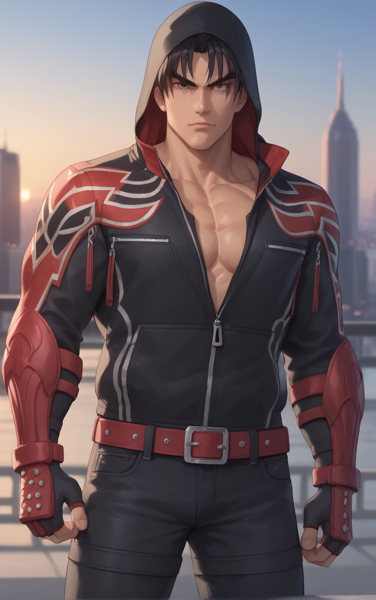 score_9, score_8_up, score_7_up, BREAK 
HoodedJacket_JinKazama_ownwaifu, 
1boy, male focus, short hair, spiked hair, black hair, hood up, belt, hoodie, pectorals, fingerless gloves, gloves, jacket, hooded jacket, pants, armor, gauntlets, muscular, black pants, hair between eyes, collarbone, muscular male, pectoral cleavage, scar, zipper, black jacket, denim, jeans, spikes, bara, black gloves, large pectorals, red gloves, black hoodie, red armor, thick eyebrows, zipper pull tab,
(contrapposto, hand on hip), sunset, sidelighting, cityscape, vanishing point, outdoors, <lora:PONYXL_TEKKEN_JinKazama_ownwaifu:1> , depth of field, solo,