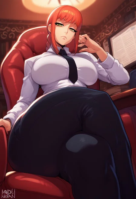masterpiece, best quality,  female , huge tits,,
BREAK, 
score_9, score_8_up, score_7_up, score_6_up, source_cartoon, rating_explicit score_9, score_8_up, score_8_up,raw, realisitc, ,score_9, score_8_up, score_7_up, , source_anime, BREAK,
1girl, solo, makima \(chainsaw man\), breasts, thick thighs, expressionless, glowing eyes, half-closed eyes,  closed mouth,  eyeliner, looking at viewer, spiral eyes, white shirt, necktie, black pants, head tilt, from below, sitting, relaxing, crossed legs,  chair, office, <lora:mixp_pd_glora:0.5>  <lora:officialpit_style_v2_ponyxl_ilff:0.4>  <lora:reiq_style:0.4>