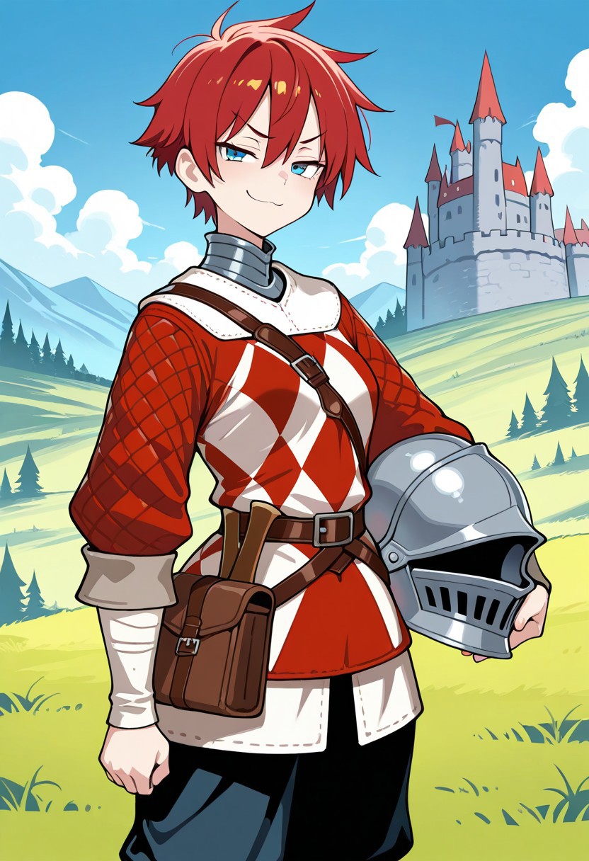 masterpiece, best quality, absurdres, f_f_t_a, 1girl, female focus, solo, tomboy, red hair, blue eyes, short hair, gambeson, long sleeves, smug, outdoors, castle, holding helmet, standing, outdoors, castle, grass