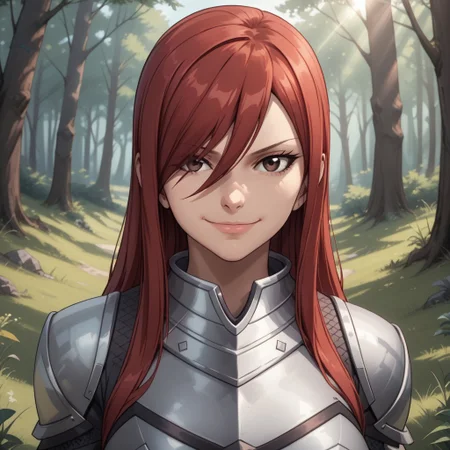 score_9, score_8, BREAK, solo, Erza_Scarlet_(Fairy_Tail), long hair, red hair, hair between eyes, brown eyes, large breasts, armor, hair over one eye, tattoo, shoulder armor, skirt, breastplate, gauntlets, blue skirt, self portrait, smile, looking at viewer, outdoors, sunlight, shadows, evening lighting, natural lighting, forest, trees, grass, orange sky, sunset