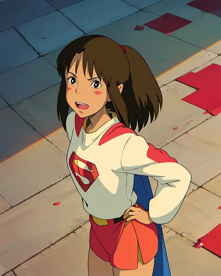 @Spirited, portrait of a beautiful girl in a superman costume, volumetric lighting, realistic shadows