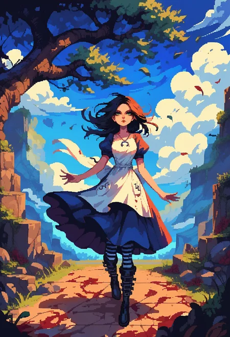 1girl, solo, black hair, green eyes, apron, blue dress, makeup, blood on apron, AMRCD, horseshoe pendant, front shot, striped pantyhose, belt boots, falling from the sky, blue sky and clouds background, <lora:AliceMadnessReturnSPonyV9P:1>, <lora:d3p1x3lXLP:0.8> d3p1x3l, pixel art, score_9, score_8_up, score_7_up,