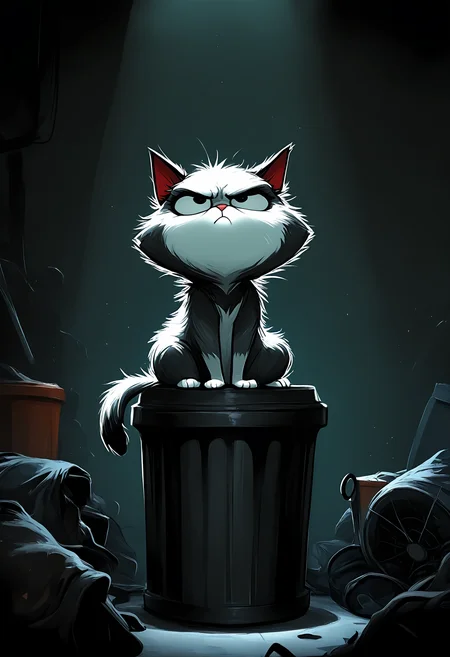 masterpiece, best quality, good quality, very awa, very aesthetic, absurdres, newest, cat, solo, animal focus, grumpy cat, general, otdoors, trash_can, sitting, sitting on trash_can, night, spotlight, scenery, volumetric lighting, masterpiece, best quality, good quality, very awa, very aesthetic, absurdres, newest