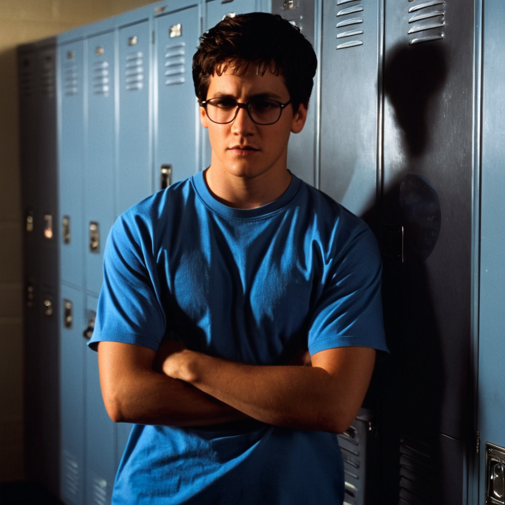 <lora:add-detail-xl:1>
<lora:detailed:0.3>
<lora:perfection style:0.3>
<lora:xl_more_art-full_v1:0.3>
 <lora:Donnie Darko film style:1>
Richard Kelly a 26 years old man with headphones leaning against a locker,solo,looking at viewer,brown hair,shirt,black hair,1boy,closed mouth,standing,short sleeves,male focus,glasses,indoors,facial hair,headphones,crossed arms,blue shirt,realistic,stubble,headphones around neck,arm hair , cinematic, film, Donnie Darko film style