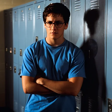 <lora:add-detail-xl:1>
<lora:detailed:0.3>
<lora:perfection style:0.3>
<lora:xl_more_art-full_v1:0.3>
<lora:Donnie Darko film style:1>
Richard Kelly a 26 years old man with headphones leaning against a locker,solo,looking at viewer,brown hair,shirt,black hair,1boy,closed mouth,standing,short sleeves,male focus,glasses,indoors,facial hair,headphones,crossed arms,blue shirt,realistic,stubble,headphones around neck,arm hair , cinematic, film, Donnie Darko film style