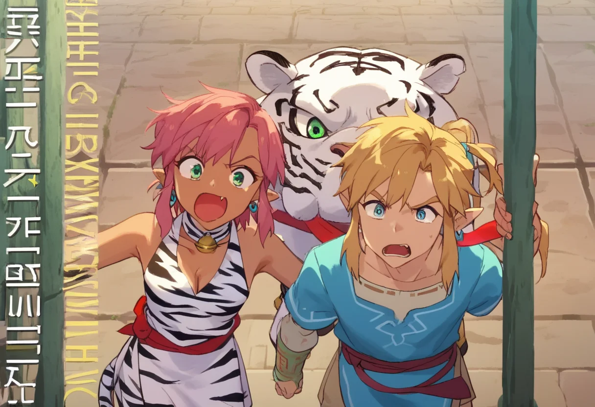 score_9, score_8_up, score_7_up, score_6_up, Masterpiece, source_anime screenshot, duo, 1 girl, 1 boy, vivid colors, full color, shiny and glossy, anime style, high-res, beautiful aesthetic, very intricate, high-quality details, vibrant, highly detailed, award-winning, professional, <lora:pink-ponyxl-v2:1>, 1 girl, single fang showing, sleeveless dress, white tiger print dress, pelvic curtain, cleavage, white cat ears, cat bell necklace, bright pink hair, tanned, white tiger tail, red sash, small breasts, leather shoes, detailed eyes, green eyes, detailed face, break, <lora:link:1> 1boy, link1, link, pointy ears, blonde hair, blue eyes, medium hair, side locks, earrings, short ponytail, blue hylian tunic, break, pink and link shouting, pink and link holding signs high above their heads, front view,