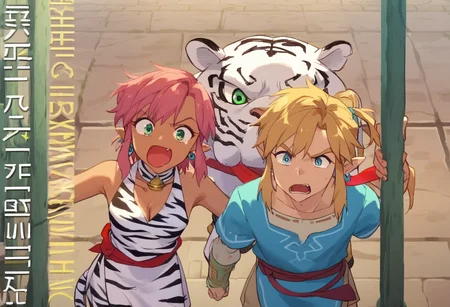 score_9, score_8_up, score_7_up, score_6_up, Masterpiece, source_anime screenshot, duo, 1 girl, 1 boy, vivid colors, full color, shiny and glossy, anime style, high-res, beautiful aesthetic, very intricate, high-quality details, vibrant, highly detailed, award-winning, professional, <lora:pink-ponyxl-v2:1>, 1 girl, single fang showing, sleeveless dress, white tiger print dress, pelvic curtain, cleavage, white cat ears, cat bell necklace, bright pink hair, tanned, white tiger tail, red sash, small breasts, leather shoes, detailed eyes, green eyes, detailed face, break, <lora:link:1> 1boy, link1, link, pointy ears, blonde hair, blue eyes, medium hair, side locks, earrings, short ponytail, blue hylian tunic, break, pink and link shouting, pink and link holding signs high above their heads, front view,